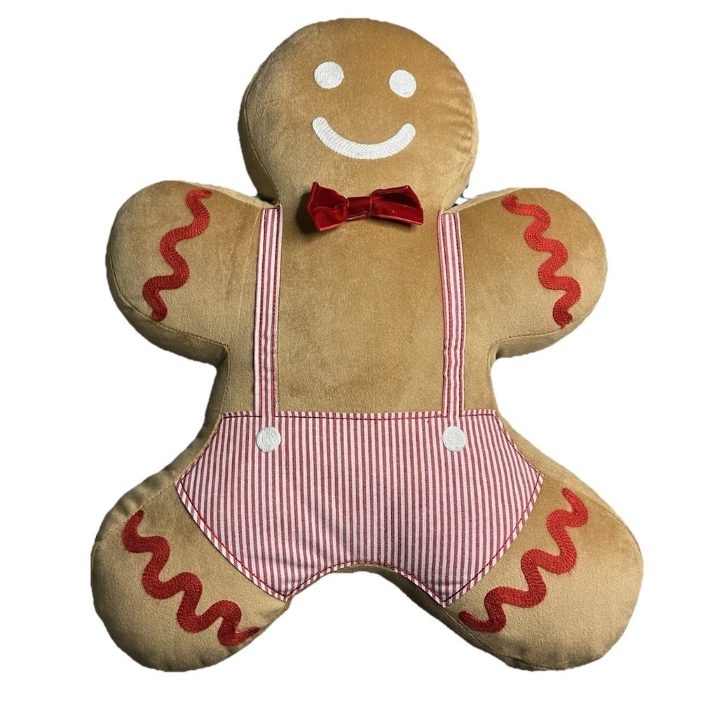 Gingerbread Man Throw Pillow 18x14 Plush Christmas Decor Red Striped Overalls